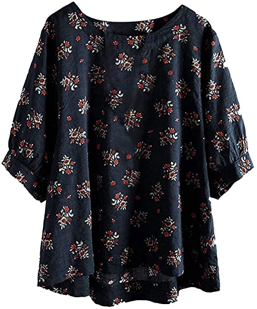 Mlide Womens Crewneck Short Sleeve Boho Floral Print Cotton Linen Top Blouse Peasant Shirt