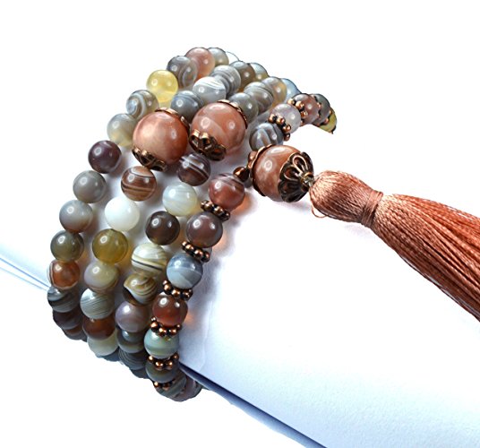 Anti-Depressant Botswana Agate and Peach Moonstone Mala Necklace and Bracelet. 108 Prayer Beads. Genuine Gemstone Yoga and Meditation Mala. Natural gemstones.