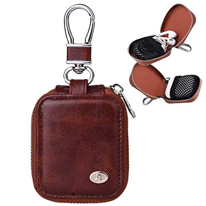 MRPLUM Earbud Carrying Case Small Compatible with AirPods PU Leather Hard Portable Earphone Case Protective Storage Pouch Bag with Mesh Pocket & Keychain for Wireless Headphone USB Cable (Brown)