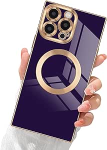 for iPhone 13 Pro Max Magnetic Case, Luxury Plating Edge Square Case with MagSafe for Women Men Soft TPU Bumper Anti-Scratch Shockproof Protective Cover for iPhone 13 Pro Max-Dark Purple