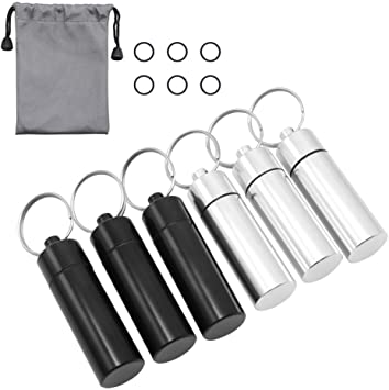 HRX Package Little Keychain Pill Holder Fob, 6 pcs Waterproof Aluminum Pill Case Container for Daily Meds, Small Pill Box for Travel Outdoor EDC