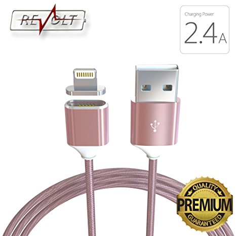 Magnetic Lightning Cable 2.4A Quick Charge & Sync for Apple iPhone / iPad - Nylon braided, 3.3ft, Premium Quality Cord by ReVOLT (Rose)