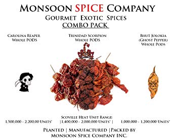 Monsoon Spice Company Carolina Reapers Dry Whole Pepper Pods Hottest Peppers in the World | Free Domestic Shipping (Combo Deals, Carolina   Scorpion   Ghost Pepper (6 PODS EACH))