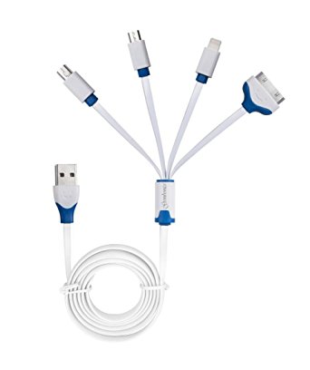 Gembonics 4 in 1 Multi USB Charging Cable for iPhone 6, Plus, 5S, iPad 4th Gen Air Mini iPod touch 5th 7th Gen Samsung Galaxy S4 and More (3ft - White&Blue)