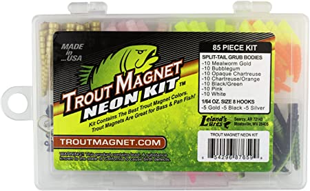 Trout Magnet Neon Kit - 70 Grub Bodies and 15 Size 8 Hooks.