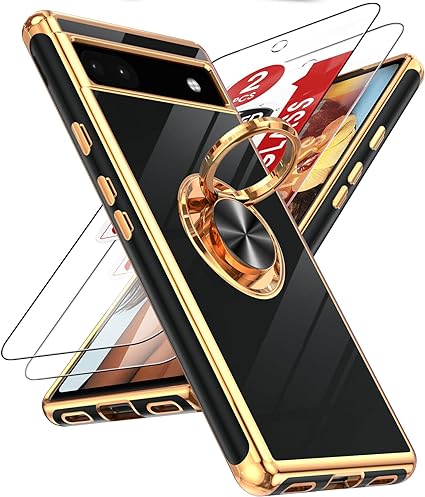 LeYi for Google Pixel 6A Case: with Tempered Glass Screen Protector [2 Pack] 360° Rotatable Ring Holder Magnetic Kickstand, Plating Rose Gold Edge Protective Pixel 6A Case, Black