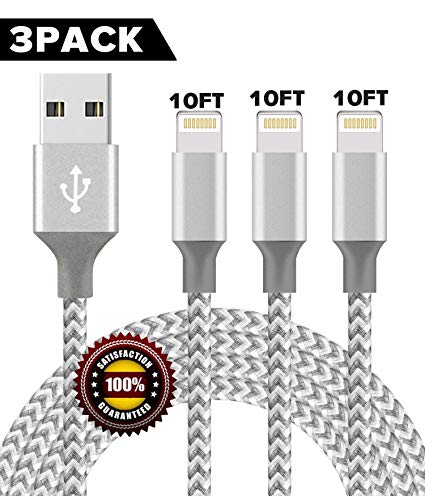 iPhone Charger,BULESK MFi Certified Lightning Cable 3 Pack 10FT Extra Long Nylon Braided USB Charging & Syncing Cord Compatible iPhone Xs/Max/XR/X/8/8Plus/7/7Plus/6S/6S Plus/SE/iPad/Nan - Grey White