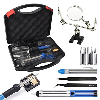Soldering Iron Kit Bundle with Magnifying Glass Carry Case 60W Adjustable Temperature Soldering Iron 5 Pieces Different Tips Desoldering Pump Solder Wire Tweezers and Stand with Sponge