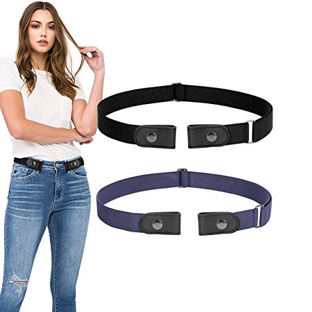 No Buckle Stretch Belt 2 Pack for Women Elastic Waist Belt for Jeans Pants Dresses, Suit for Pants Size 24-36 Inches, E-Black Blue