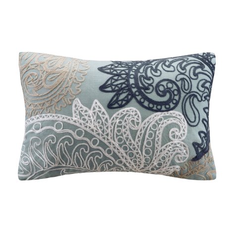 INK IVY Kiran Oblong Pillow with Chain Stitch, Blue
