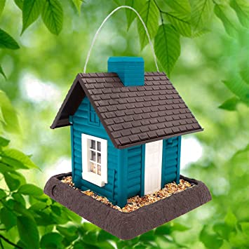 North States Village Collection Lakeside Cabin Birdfeeder: Easy Fill and Clean. Hanging or Pole Mount. Made in USA. 5 Pound Seed Capacity (10.25" x 10.75" x 9.5”, Brown & Teal)