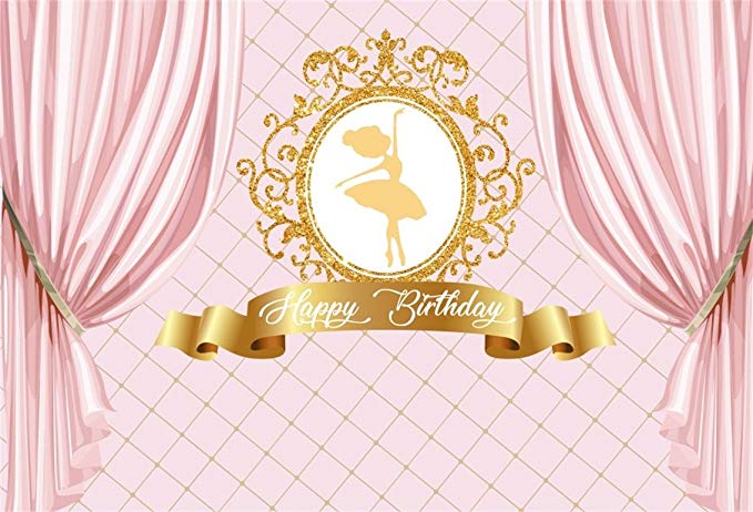 CSFOTO 7x5ft Background for Happy Birthday Princess Pink Curtain Photography Backdrop Girl Golden Elegant Ballet Dancer Celebrate Party Decoration Child Kid Baby Studio Props Polyester Wallpaper