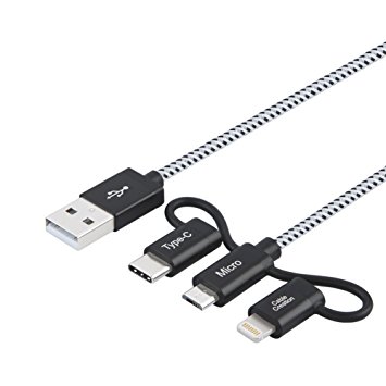 3 in 1 CableCreation 4 Feet Lightning Micro USB USB-C Braided Cable, MFi Certified, Data & Charge Cable for iPhone, iPad, Samsung/Google Android Cellphone Smartphone Tablet, 1.2 M/ Black and White