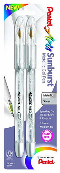 Pentel Arts Sunburst Metallic Gel Pen, Medium Line, Permanent, Silver Ink, 2 Pack (K908BP2Z)