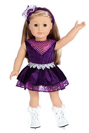 Ice Skating Queen - 3 piece outfit - Purple Leotard with Ruffle Skirt, Decorative Head Band and White Skates - 18 inch doll clothes (doll not included)