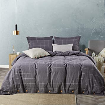 JELLYMONI Black Large Grid 100% Washed Cotton Duvet Cover Set, 3 Pieces Ultra Soft Bedding Set with Buttons Closure, Geometric Patterns Duvet Cover Queen Size(No Comforter)