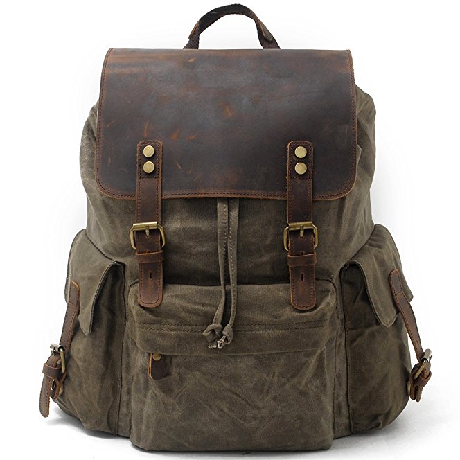 SUVOM Vintage Canvas Backpacks Genuine Leather 15.6" Laptop Rucksack Waterproof School Bag Travel Casual Daypack(Army green)