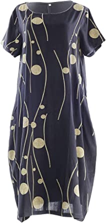 Mordenmiss Women's Linen Midi Dress Boho Floral Print Knee Length Casual Sun Dresses with Pockets