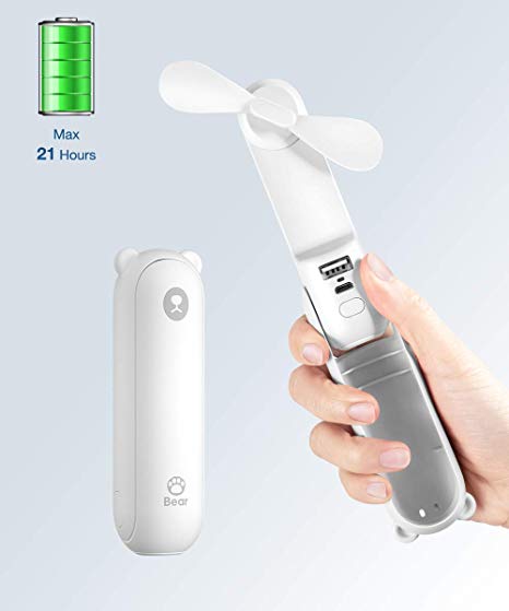 USB Rechargeable Handheld Mini Fan with 14-21 Hrs, Power Bank Feature, Portable Battery Operated Pocket Desk Fan, Foldable,Two Speeds, Whisper Quiet, Flashlight Function for Women and Outdoor(White)