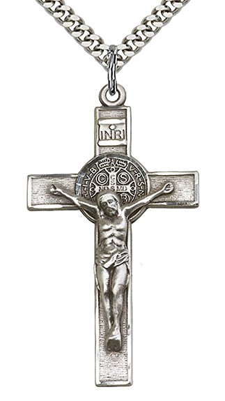Heartland Men's Sterling Silver Saint Benedict Crucifix Pendant   Best Quality USA Made   Chain Choice