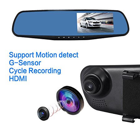isYoung 4.3inch HD Rearview Dash Cam Mirror Cam Dual Channel Car Video Recorder with 170-degree Wide Angle Lens 1080P Car Video Camera with G-Sensor for Auto-Recording