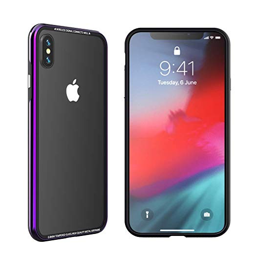 R-Just Crystal Clear iPhone x Case,iPhone xs Case, Metal airframe Tempered Glass Back Shell case for iPhone10 iPhone Xs (Purple)