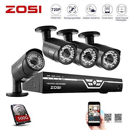 ZOSI 720P 4CH AHD DVR with 4 1280x720P HD Indoor/Outdoor 30m Night Vision Security Cameras 500GB HDD (720p Mega-Pixels, USB Backup, Hi-Resolution Full HD, Vandal and Water-Proof Body, Superior Night Vision, Free Mobile App,Easy Setup)