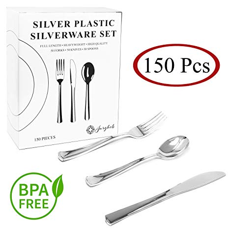 150 Silver Plastic Silverware Set, Silver Color Cutlery Set. Perfect for 50 Guests - 150 Pcs. Disposable Flatware. 50 Forks, 50 Knives and 50 Spoons.