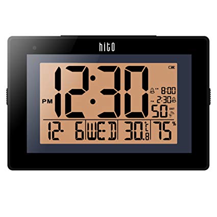HITO Extra Large Radio Controlled Desk Wall Clock w/ Auto Time Set, Dual Alarms, Auto Night Light, Brightness Adjustable- Battery Operated (MSF for UK/Ireland)