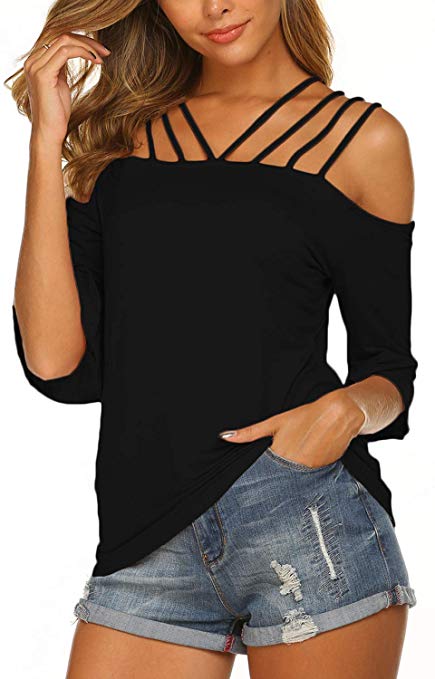 Newchoice Women's Sexy Off The Shoulder Tops Straps Ruffle Sleeve Blouse Shirts