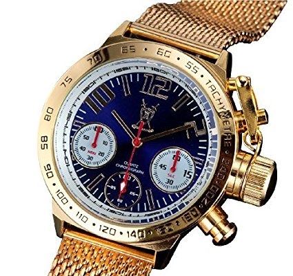 Konigswerk Mens Classic Chronograph Watch Gold Tone Mesh Bracelet Large Blue Dial Euro Design AQ100127G