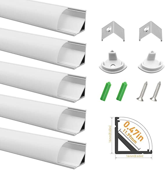 LightingWill 10-Pack LED Aluminum Channel System 3.3ft/1M Anodized Silver V-Shape Corner Mount Profile for &lt;12mm width SMD3528 5050 LED Strips with Milky White Cover, End Caps, Clips - V02S10