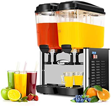 COSTWAY Commercial Beverage Dispenser Machine, 9.5 Gallon 2 Tank Juice Dispenser for Cold Drink, 350W Stainless Steel Finish Food Grade Material Ice Tea Drink Dispenser, 18 Liter Per Tank (Stainless)