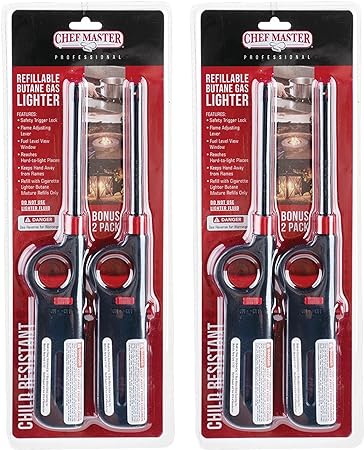 Chef Master Refillable Butane Gas Lighter - 4-Pack | Perfect for Barbecues, Camping, Candles, Lanterns, Fireplaces, Gas Stoves