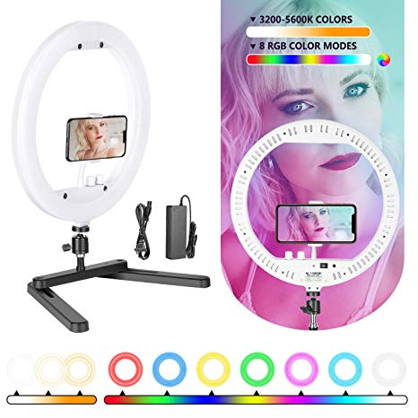 Neewer Ring Light, 13-inch RGB Dimmable LED Ring Light with Foldable Table-top Bracket/Phone Holder/Ball Head, 8 RGB Colors and 3200K-5600K Colors Desktop Ring Light for Selfie Makeup YouTube Video