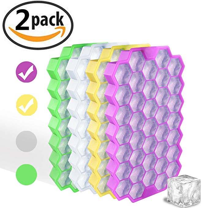 HoneyHolly Food Grade Silicone Hexagon Ice Cube Trays with Lid, Set of 2, Flexible Stackable Mold to DIY Mini Ice for Drinks, Whiskey, Yellow&Purple