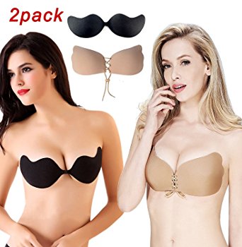 2 Pack Womens Strapless Self Adhesive Silicone Invisible Push-up Bras