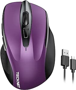 TECKNET Rechargeable Wireless Mouse, 2.4G Silent Mouse, Quiet Click, 6 Adjustable 4800 DPI, Cordless Computer Mouse, Ergonomic Mouse for Laptop, 6 Buttons USB Mouse for Chromebook, Ergo Grip - Purple