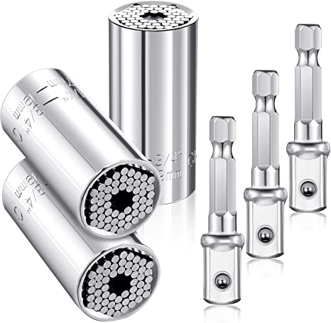 6 Pieces Universal Socket Wrench Set 3 Pieces Adjustable Universal Grip Sockets Fits 1/4-3/4 Inches Metric 7-19 mm 3 Pieces 3/8 Inch Ratchet Wrench Power Drill Adapters for Repair DIY