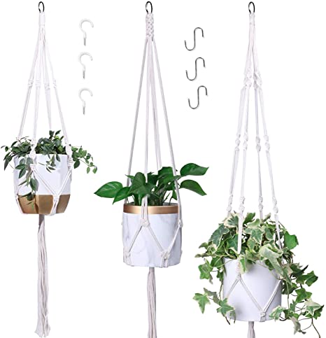 POTEY 3 Pack Macrame Plant Hangers Indoor Different Size Hanging Planter with 6 Hooks, Hanging Plant Holder for Boho Home Decor, 34''/40''/45'',Ivory