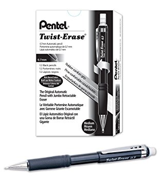 Pentel Twist-Erase III Mechanical Pencil, 0.7mm, Black Barrel, 12 Pack (QE517A-12)