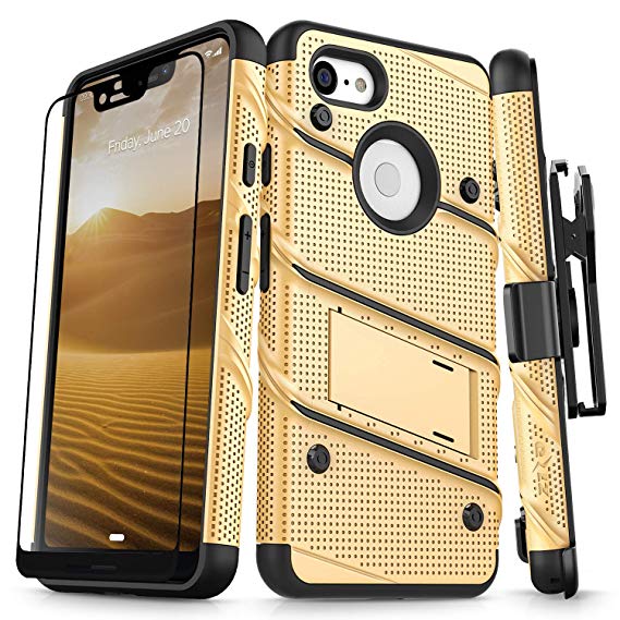 Zizo Bolt Series Compatible with Google Pixel 3 XL Case Military Grade Drop Tested with Full Glass Screen Protector Holster and Kickstand Gold Black