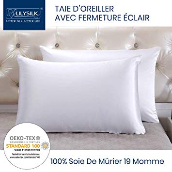LilySilk 100% Mulberry Silk Pillowcase Both Sides with Hidden Zipper Pillow Cover for Hair and Skin 19 Momme Silk Charmeuse (White, Standard 50x75cm)