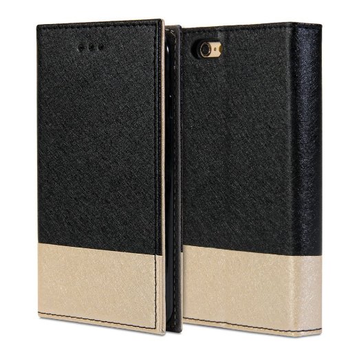 iPhone 6 Case, GMYLE Wallet Case Clip for iPhone 6 (4.7 inch Display) - Black & Champagne Gold PU Leather Slim Protective Folio Wallet Stand Case Cover