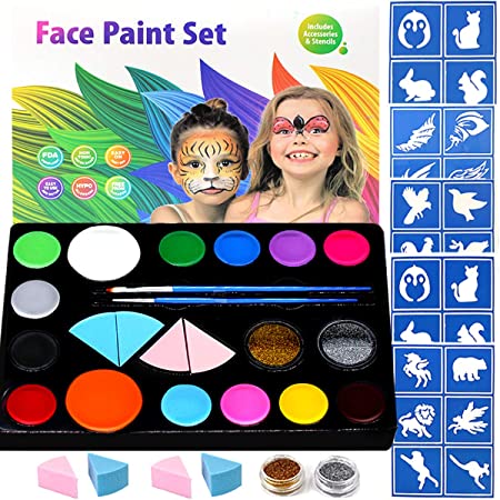 Halloween Face Painting Kits for Kids, 30 Stencils,14 Colors Face Paints,2 Glitters, Halloween Easter Makeup Kit, Professional Party Cosplay Body Paint Set Safe for Sensitive Skin