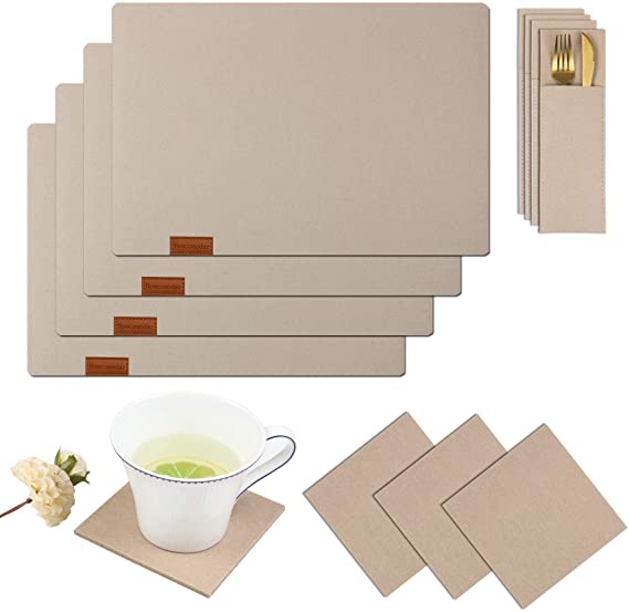Homcomodar Felt Placemats Set of 4 with Coasters and Cutlery Pouch Holder Washable Absorbent Table Place Mats for Kitchen Table (Beige)