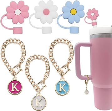 Tovly 6PCS Straw Cover Cap Stanley Cup Accessories Initial Personalized Letter Charms Reusable 10mm Flower Silicone Straw Tips Lids Protectors Stanley 30&40 Oz Tumblers (3PCS Letter K 3PCS Flower)
