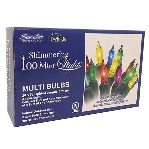 Sienna 100 Multi Colored Twinkle Christmas Lights on Green Wire, 20.6 Lighted Length, Indoor/Outdoor