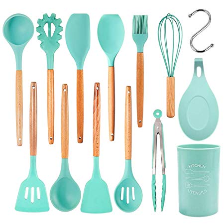 Silicone Kitchen Utensil Set, Alotpower Kitchen Utensils 14 Pcs Cooking Utensils Set with Holder, Wooden Handles Cooking Tools Turner Tongs Spatula Spoon for Nonstick Cookware