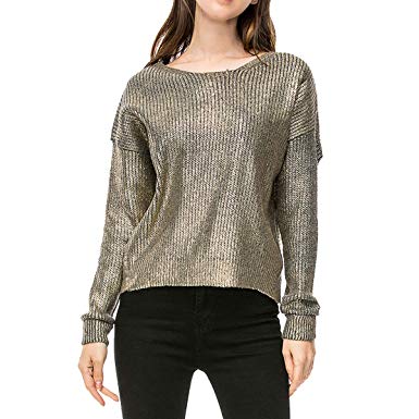 Women Fashion Loose Gold Metallic Knit Sweaters Pullovers Winter Tops
